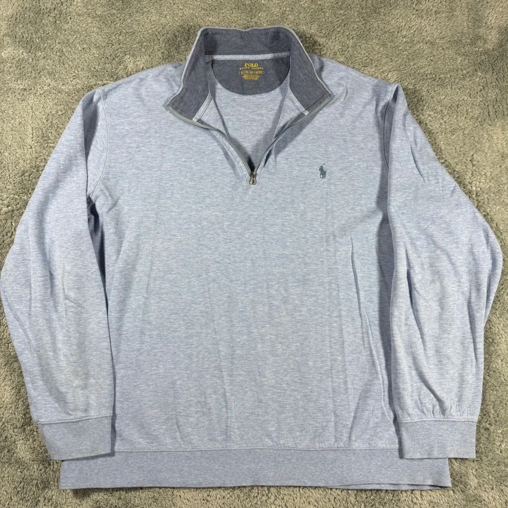 Polo‎ Ralph Lauren Mens XXL Light Blue Heather Quarter Zip Pullover Sweater Pony